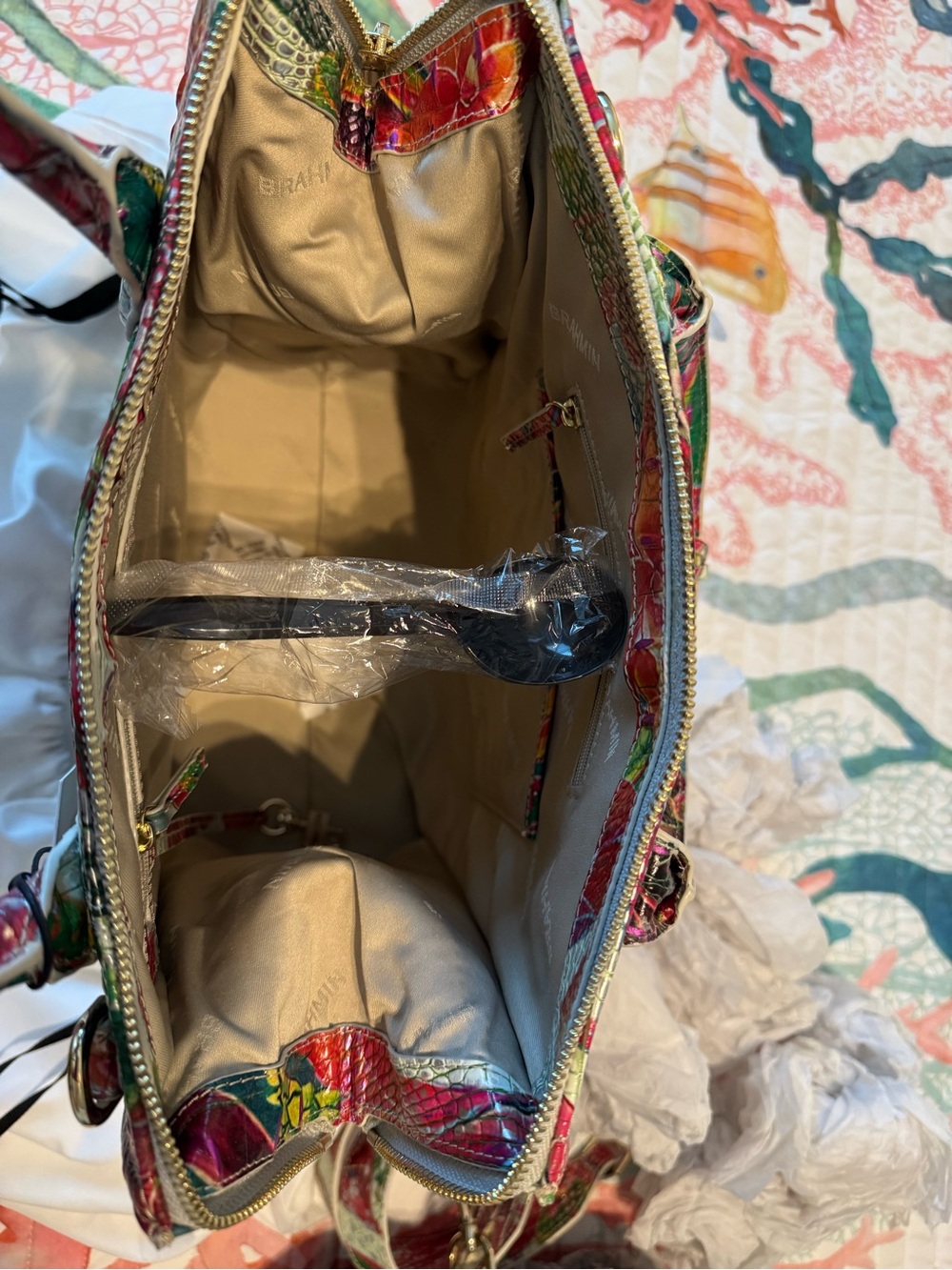 Brahmin Multicolor Floral Embossed Satchel - Pink, Green, Orange - Picture 9 of 9